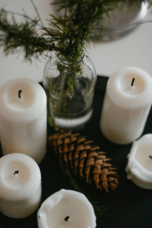 Nordic Candle Tray Set — Pillar Candles with Pine Decor