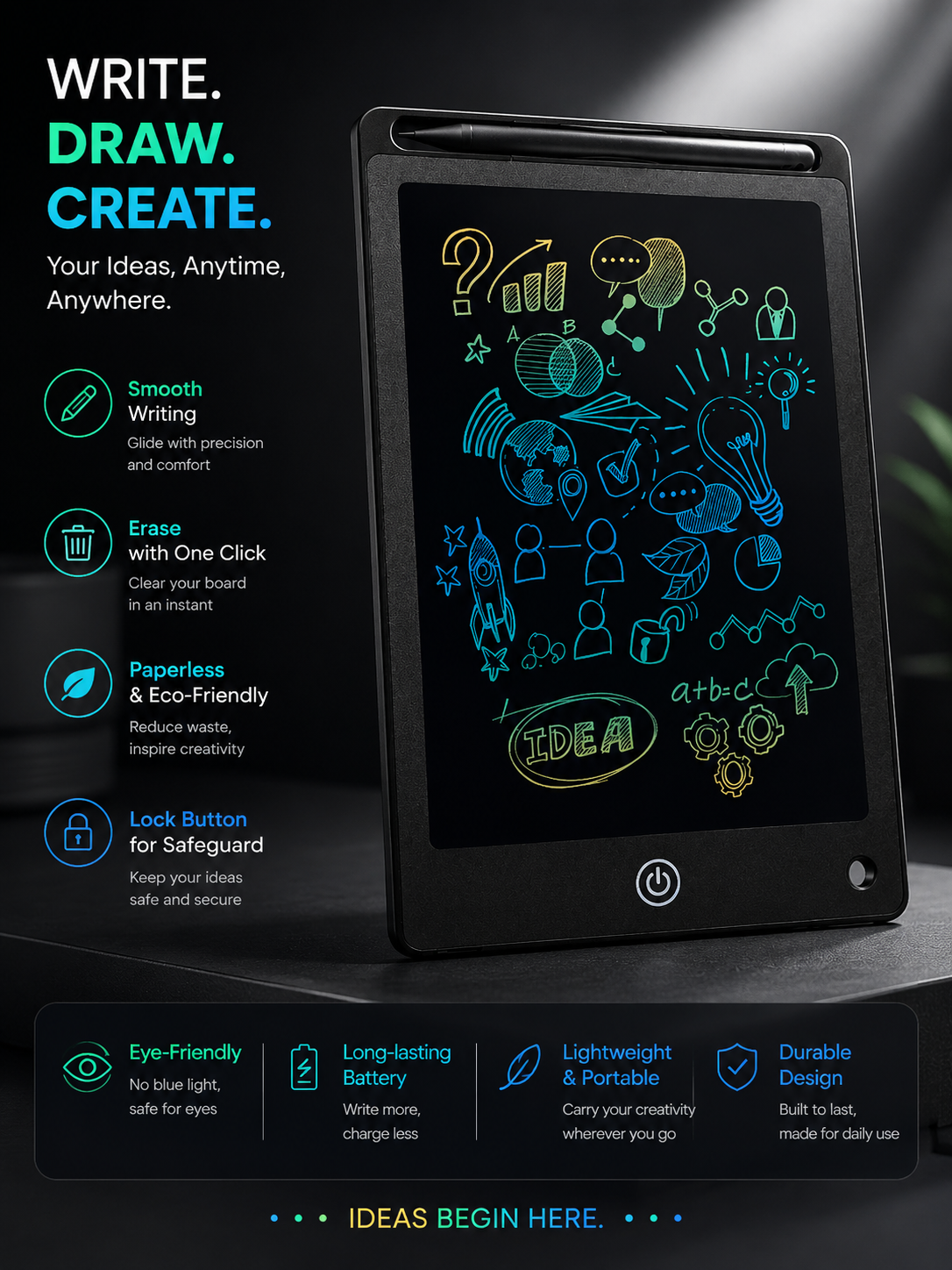 Doodlyn LCD Board — Portable Erasable Writing Tablet for Kids