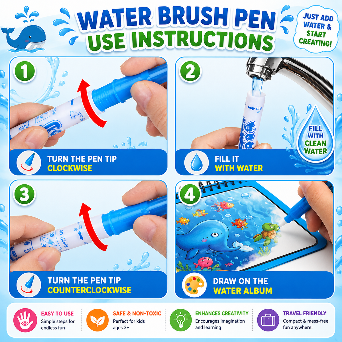 AquaCanvas Genius Kit — Mess-Free Reusable Water Painting Book for Toddlers & Kids