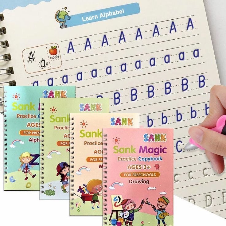 Set of colorful practice copybooks for learning letters with a hand holding a pen.