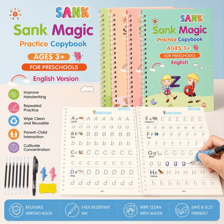 Sank Magic Practice Copybook English version for preschoolers, shown with three colorful spiral-bound books, an open practice worksheet page, a set of black and white pencils, and a hand writing with a blue pencil. The image includes feature icons and a blue banner at the bottom.