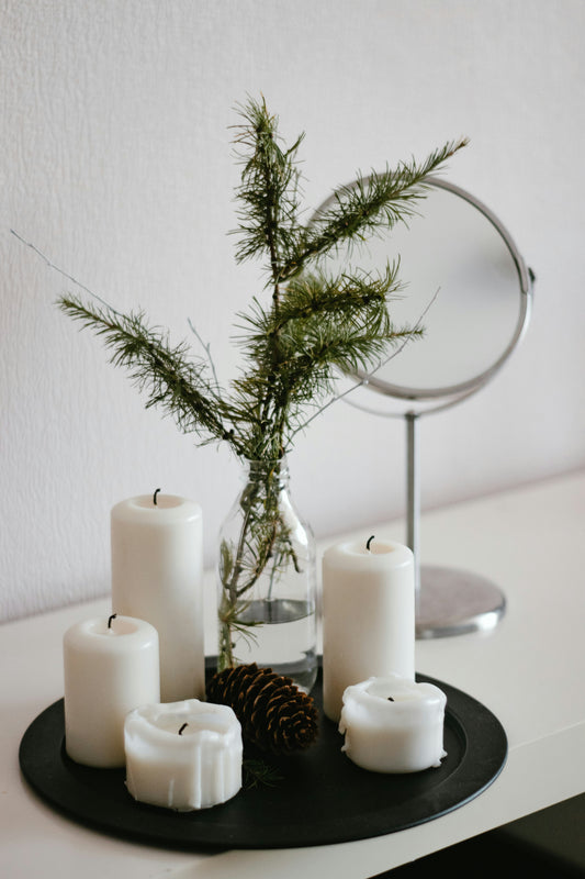 Nordic Candle Tray Set — Pillar Candles with Pine Decor